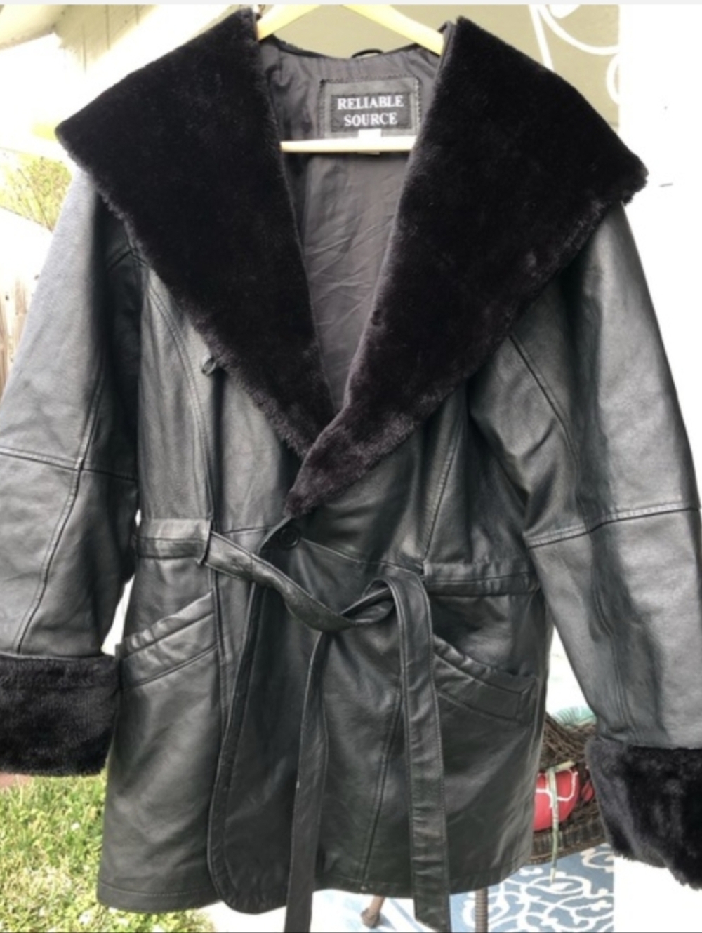 Reliable Source Black Leather Jacket with Hood & Faux Fur Trim